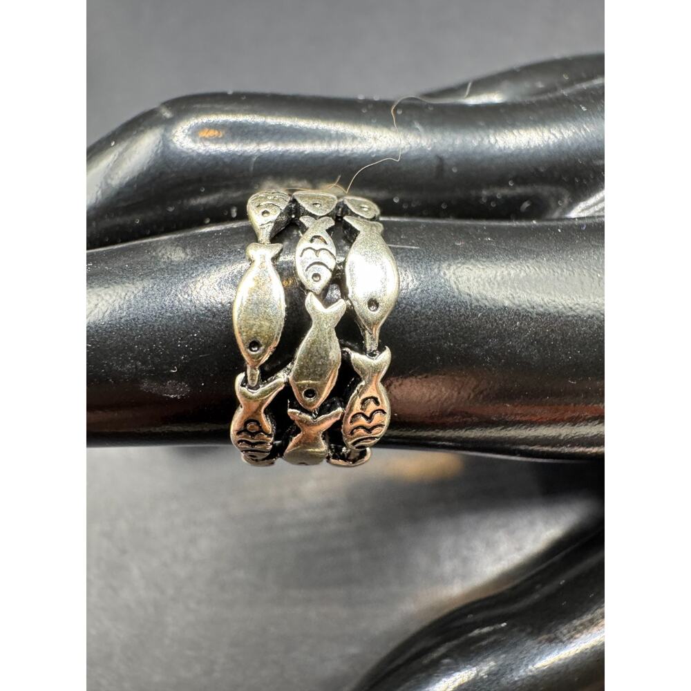 Vintage Sterling Silver 925 Modernist Fish Cuff Band Ring Size 6 Adjustable